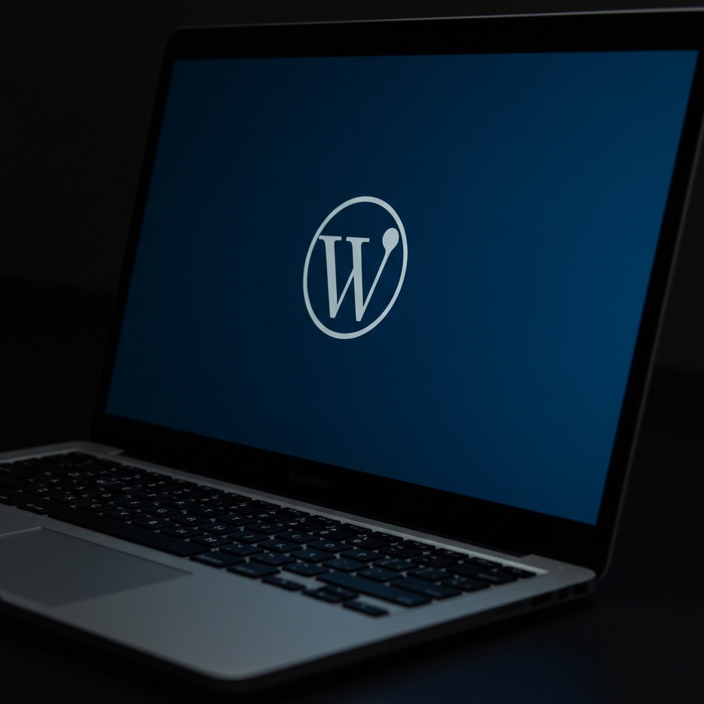 Logo WordPress na ekranie komputera, ciemne tło, fokus na wyświetlacz.