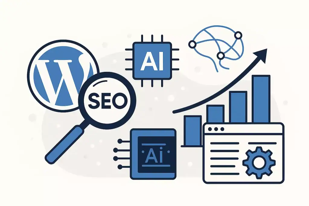 Ikony WordPress, AI, wykresy i ustawienia techniczne strony internetowej.