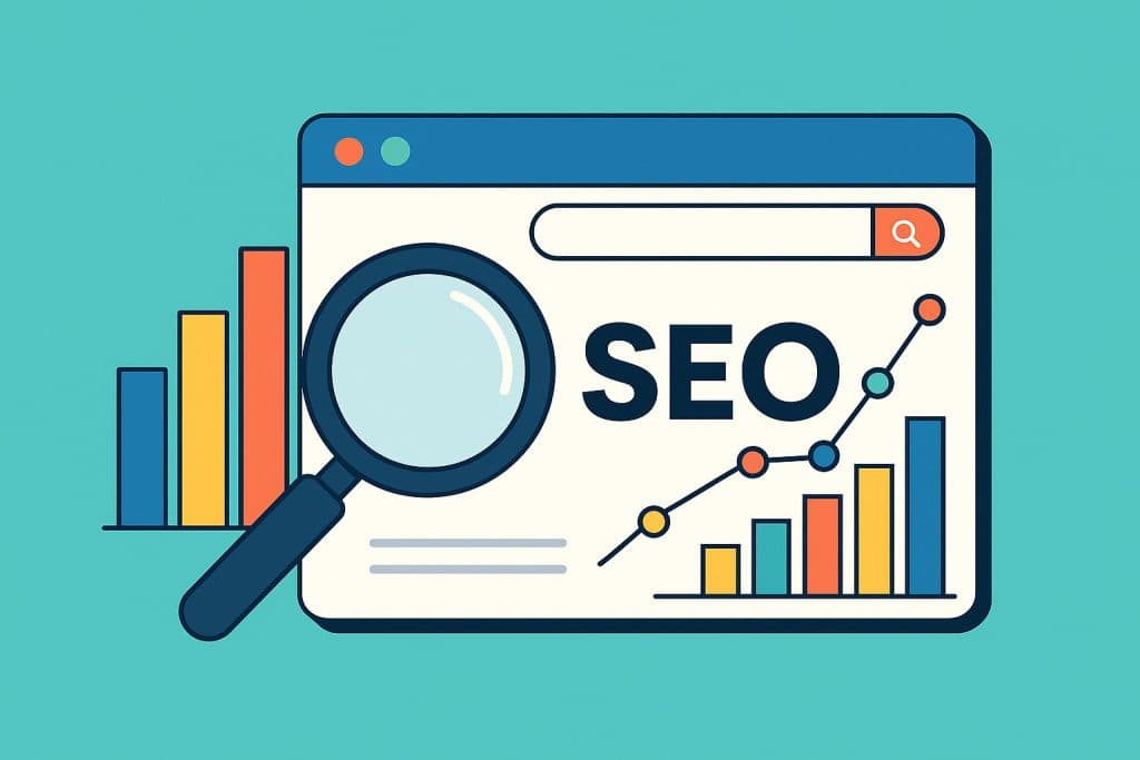 Ikona przeszukiwarki z lupą i wykresami barowymi.