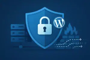 Ilustracja bezpieczeństwa WordPress z tarczą, kluczykiem i logo WordPress.