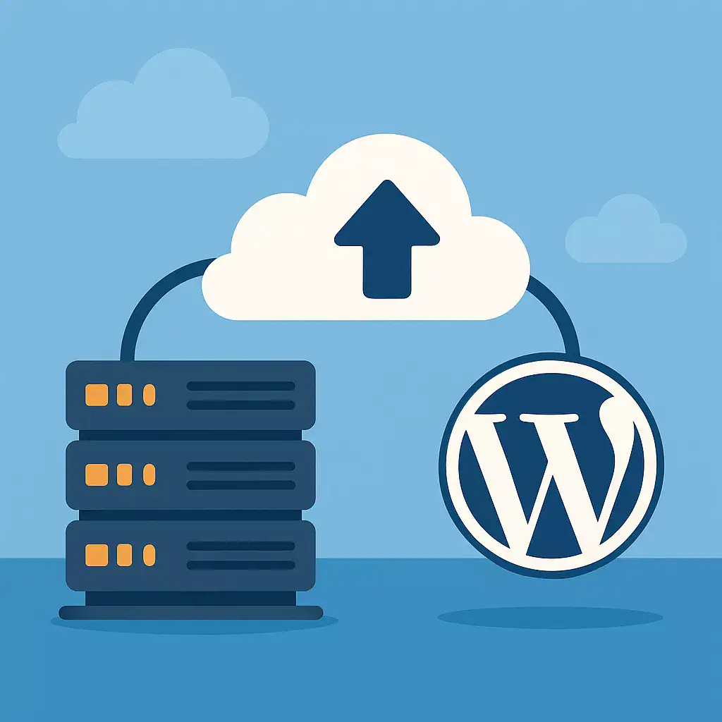 Ikona chmury z strzałką do góry i symbole WordPress, serwer i chmura w tle na niebieskim tle.