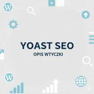 Ikona Yoast SEO z tekstem w tle.