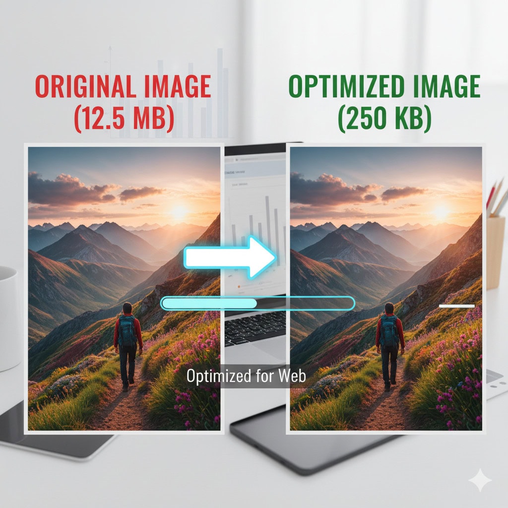 Obraz przedstawia porównanie oryginalnego i zoptymalizowanego zdjęcia pejzażu górskiego.