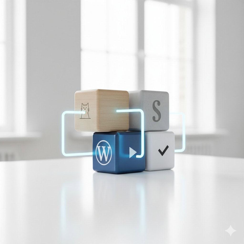 Trzy klocki z logo WordPress oraz symbole, na białym tle, z widokiem na okno w tle.
