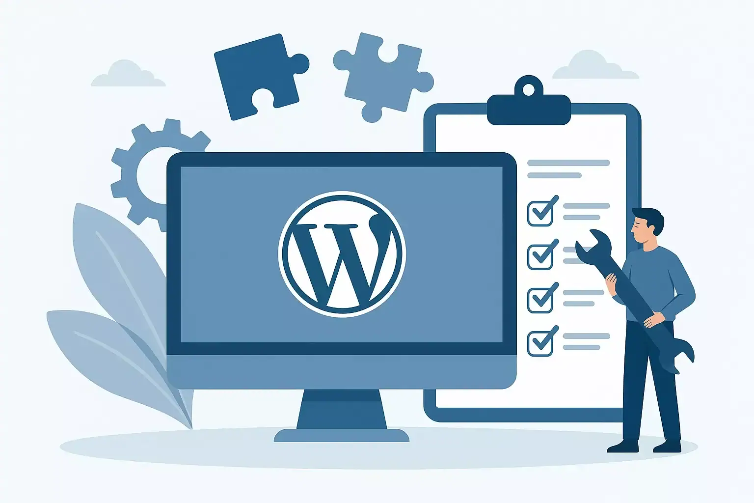 Ikona WordPress na monitorze z narzędziami i tabelą.