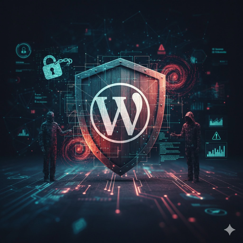 Ilustracja z tarczą i symbolem WordPress chroniącym system.