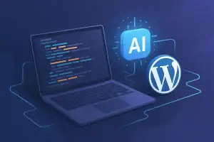 Obraz przedstawia laptop z kodem i ikony WordPress oraz AI.