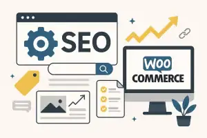 Grafika przedstawia elementy związane z SEO i WordPress, w tym logo WooCommerce na ekranie komputera.