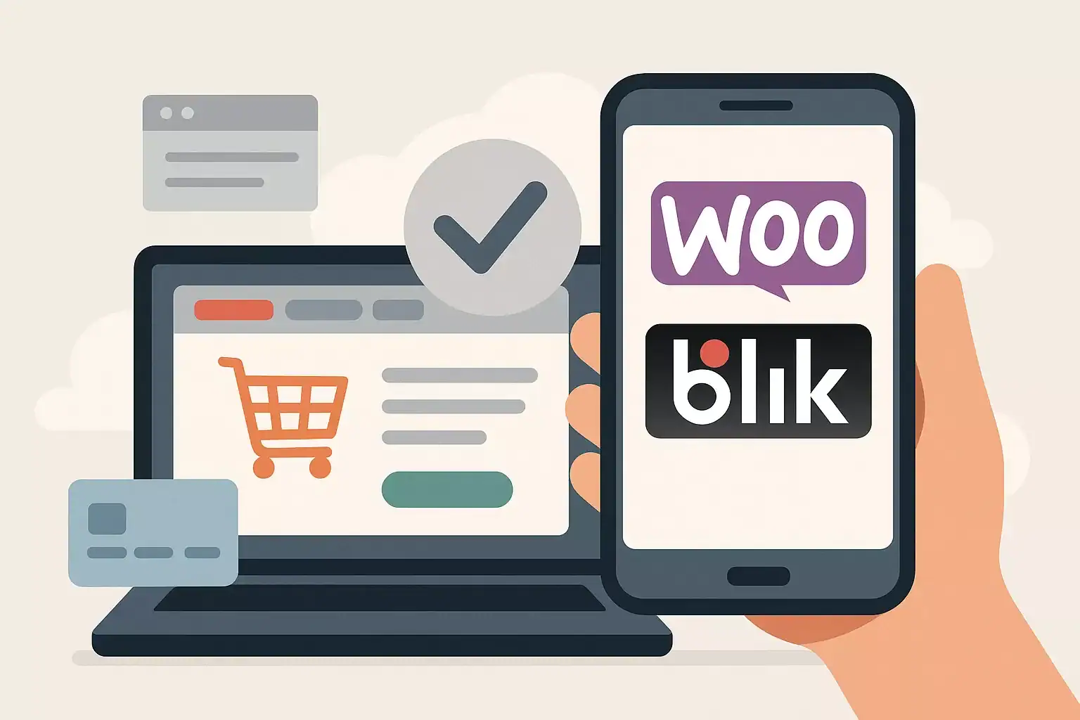 Przykład sklepu internetowego z koszykiem na laptopie i telefonie.