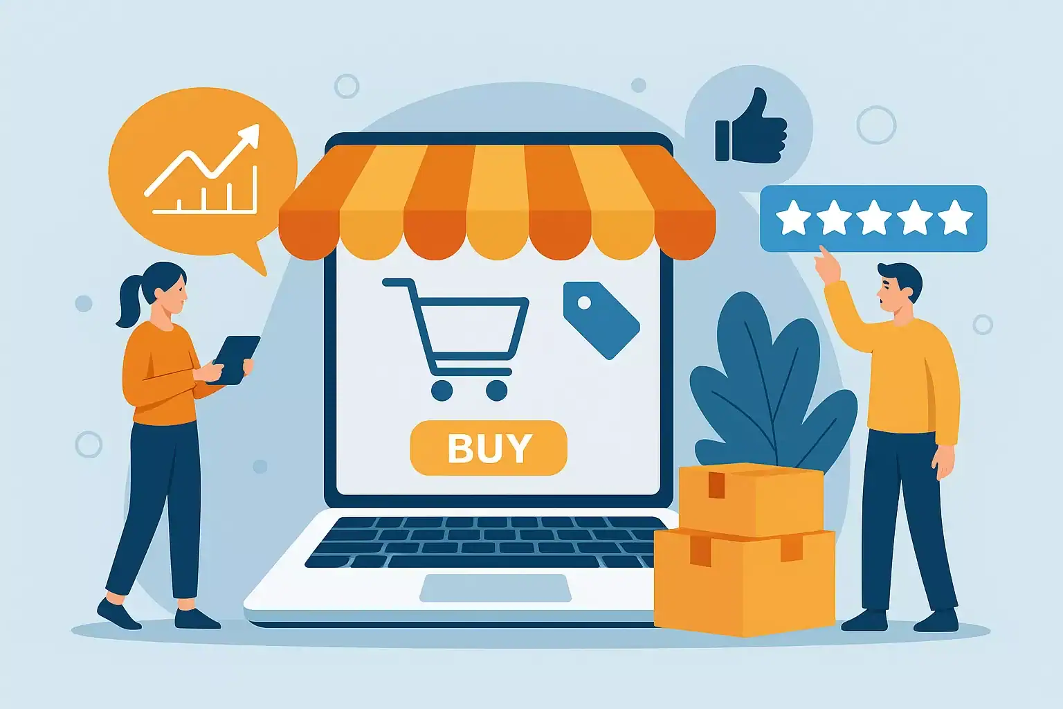 Obraz przedstawia sklep internetowy na laptopie z sklepem i przyciskiem "Buy".