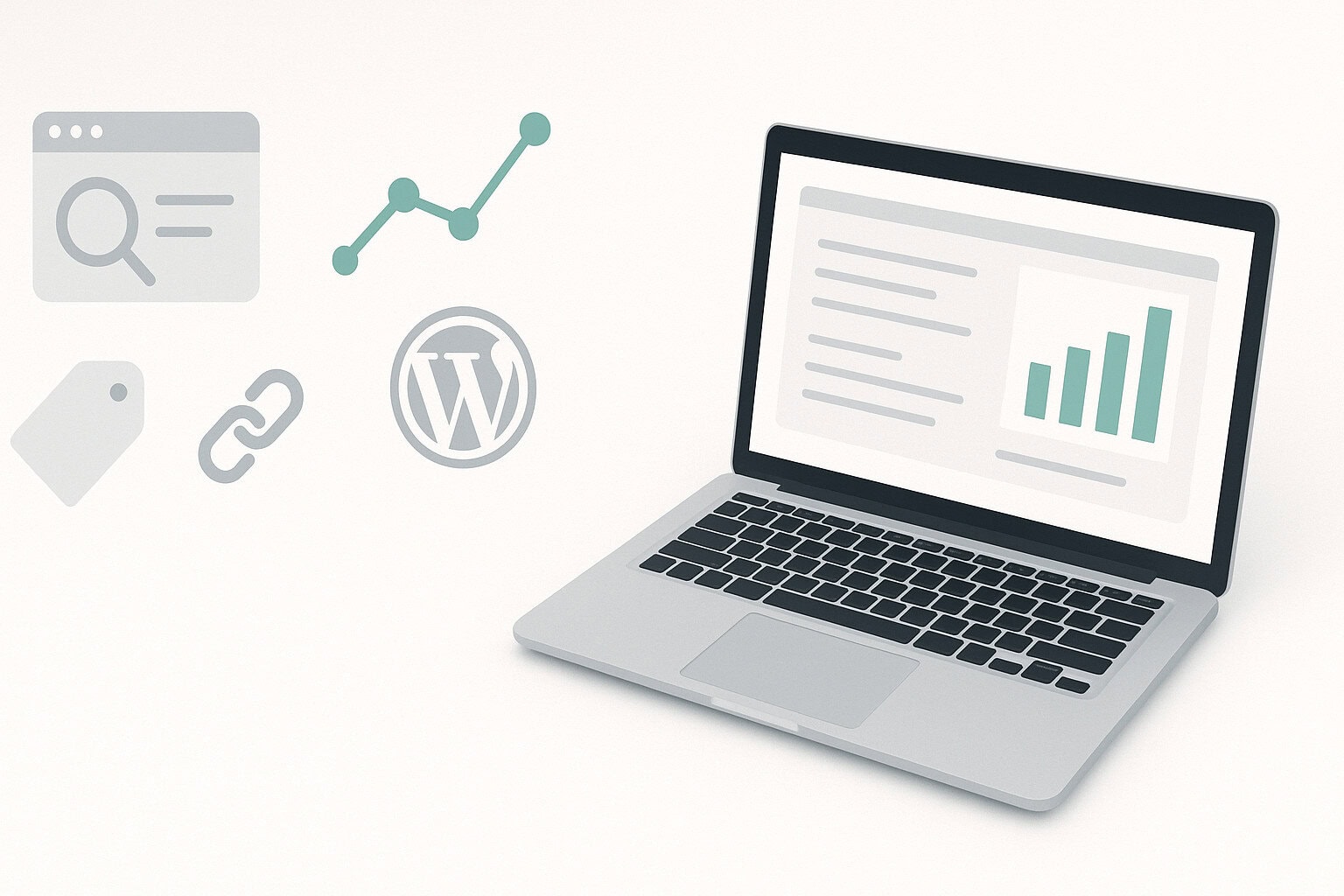 Laptop z wykresami i ikonami narzędzi do analizy danych i Optymalizacji WordPress.