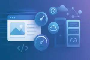 Ekran z ikonami chmury, zegara i wykresów na tle niebieskim.