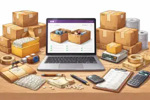 Alt: Komputer, opakowania i artykuły do wysyłki na stole.